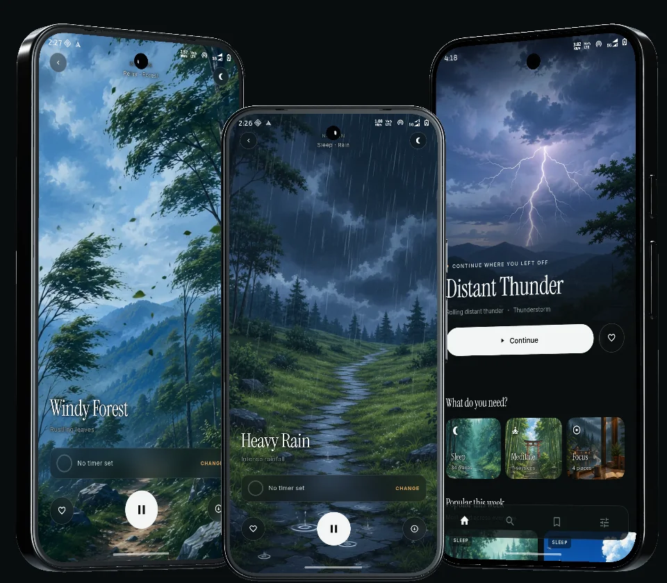 Three phones showing Nature Ambience: Windy Forest and Heavy Rain playing full screen, and the home screen with Distant Thunder.