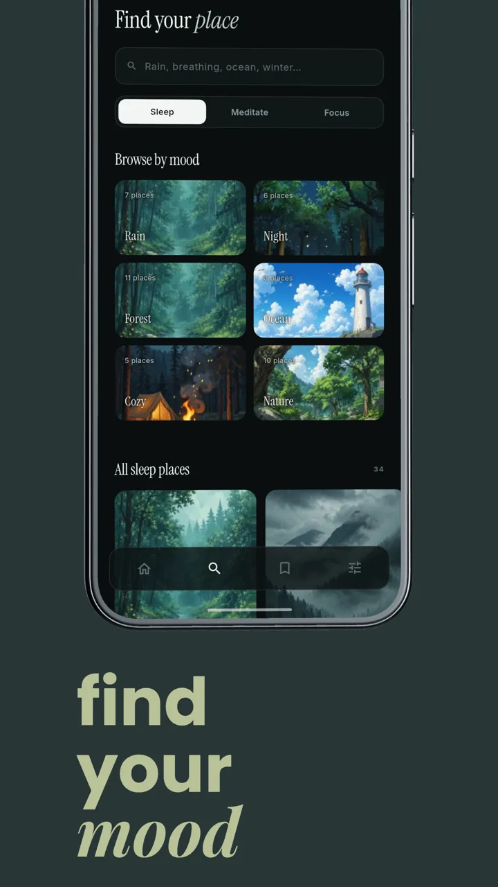 Find your mood: browsing sleep places by mood.